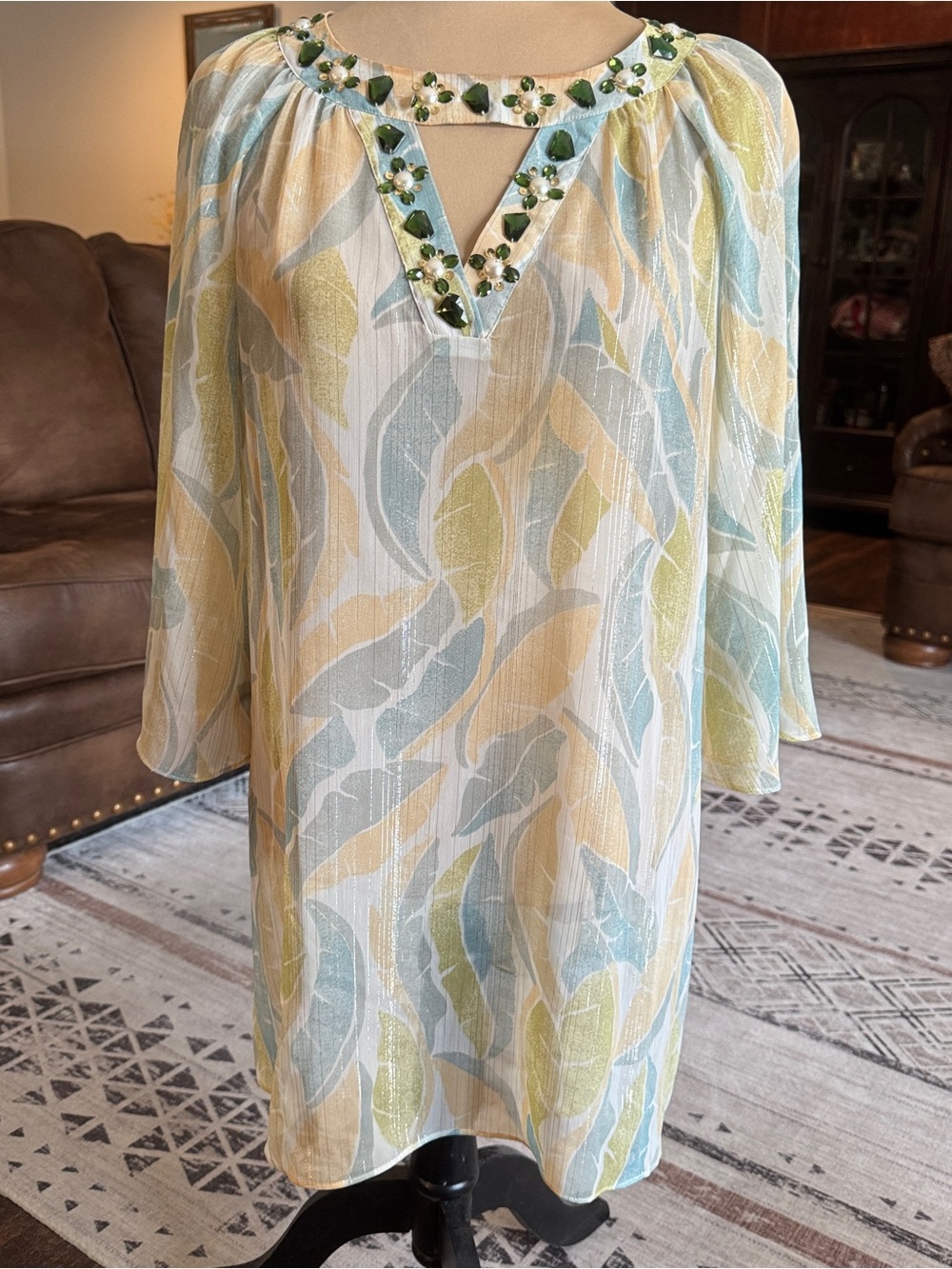 Miss Tina Sheer Leaf-Print Tunic in Pale Blue, Yellow & Cream